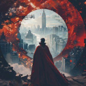 Доктор Стрейндж с порталами. Marvel. Общий план. Иллюстрация. Постер